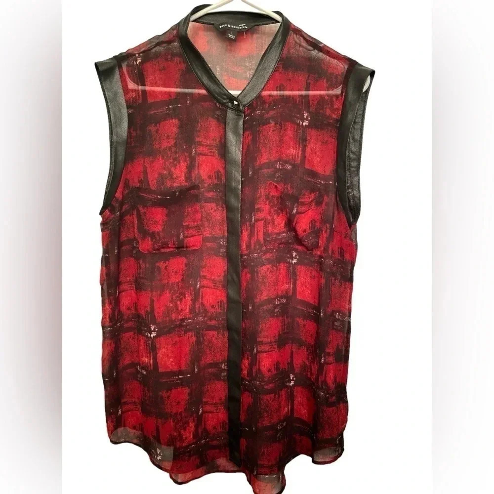 Rock & Republic black and red sheer sleeveless top with faux leather. NWOT